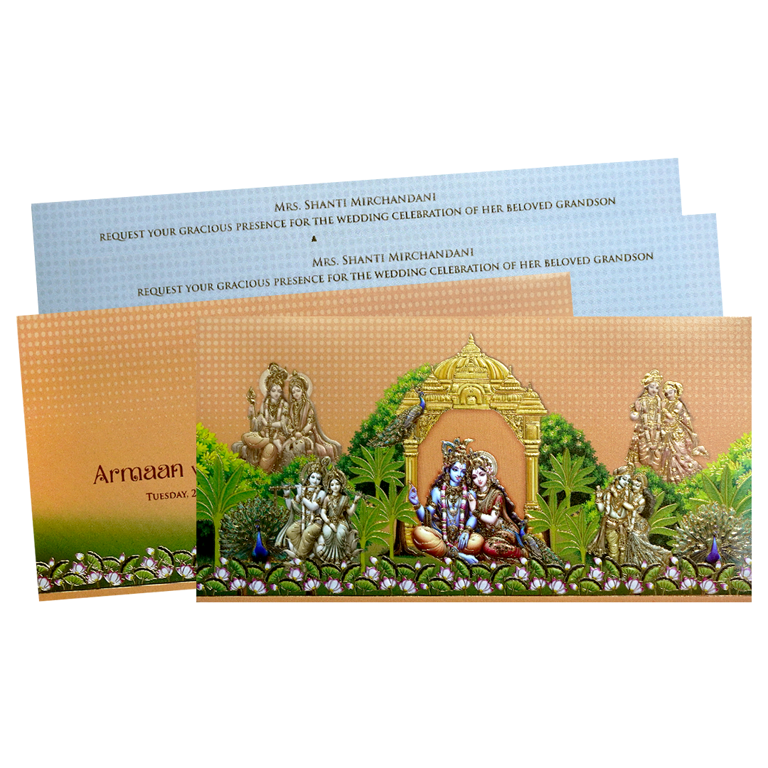 Peach Gold Embossed Radha Krishna Wedding Invitation Card-KPR06470