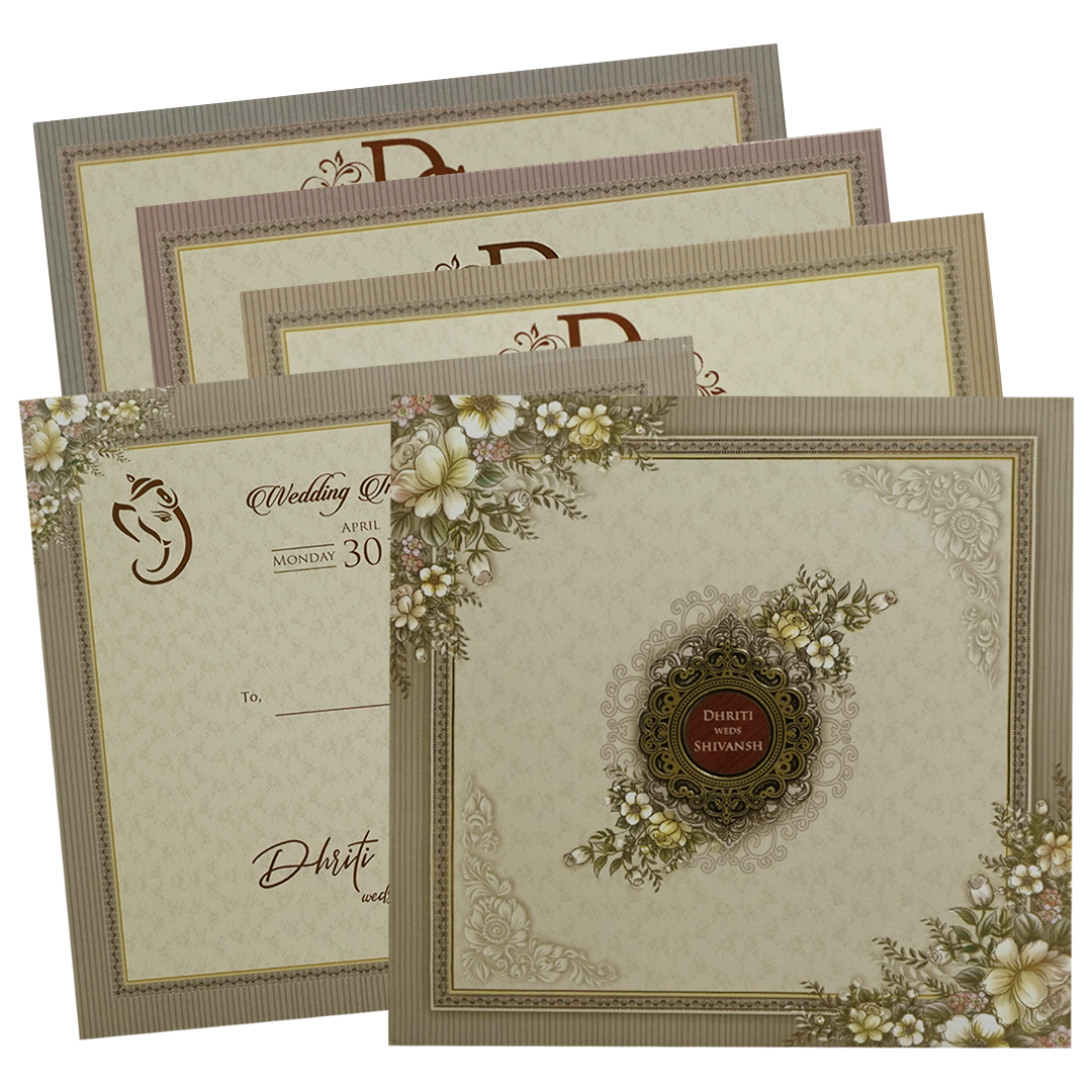 Beige &amp; Green Floral Padded Wedding Card-KSH72690