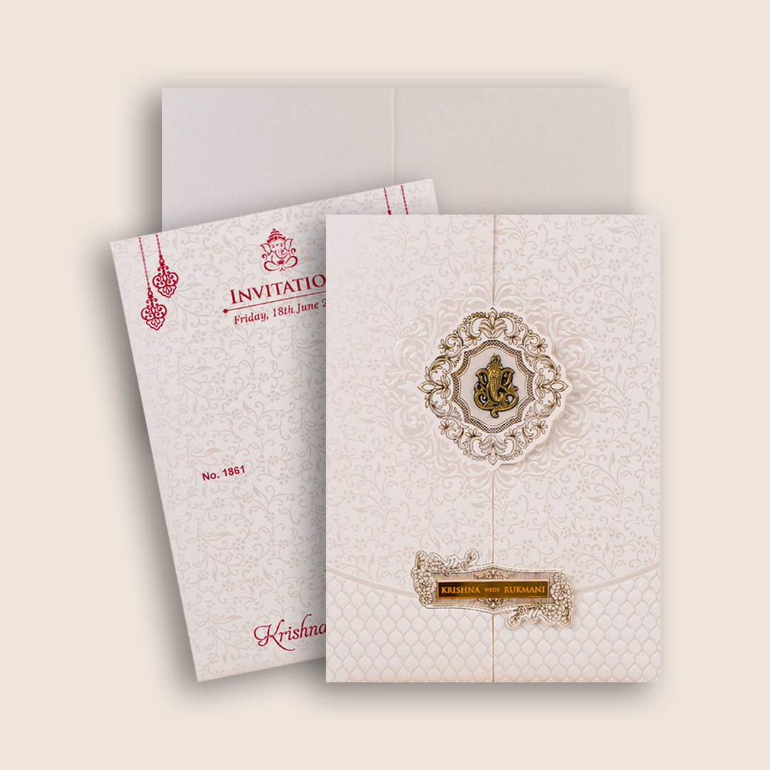 White Embossed Floral Door Style Marriage Card - KJTS1861