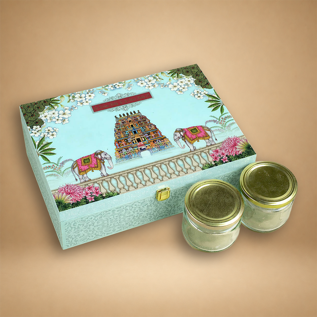 Blue Premium South Indian Temple Arch Luxury Invitation Box - KNLW202571