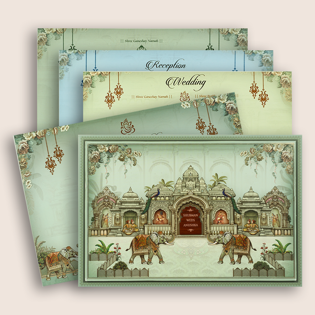 Teal Green Royal Elephant Jharokha Laser Cut Padded Wedding Card - KRB09920
