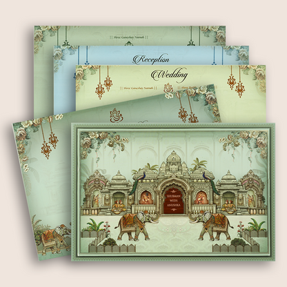Teal Green Royal Elephant Jharokha Laser Cut Padded Wedding Card - KRB09920