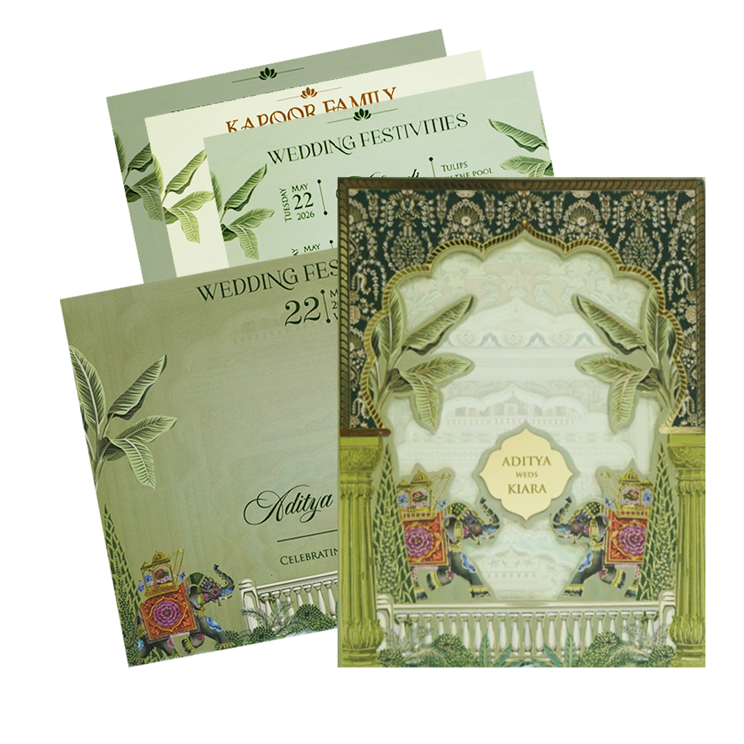 Green Palace Elephant Laser Cut Wedding Card - KFR16260