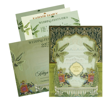 Green Palace Elephant Laser Cut Wedding Card - KFR16260