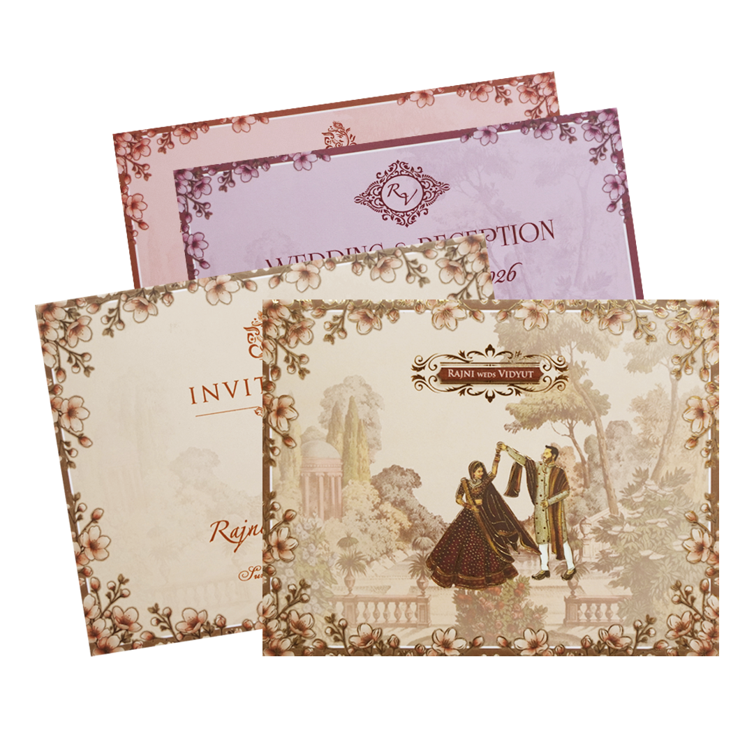 Cream Garden Couple Floral Padded Wedding Card - KVN07290