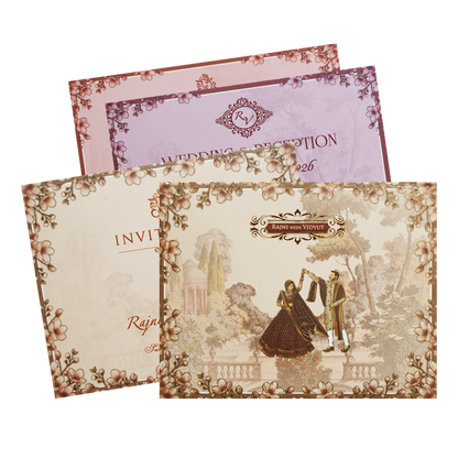 Cream Garden Couple Floral Padded Wedding Card - KVN07290