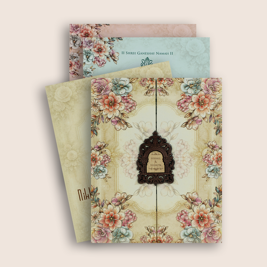 Cream Floral Embossed Padded Wedding Card - KPR07300