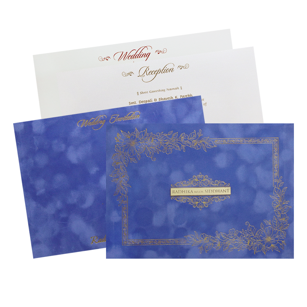 Blue Gold  Velvet Floral Padded Classic Wedding Card-KMMWD1132