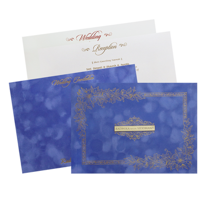 Blue Gold  Velvet Floral Padded Classic Wedding Card-KMMWD1132