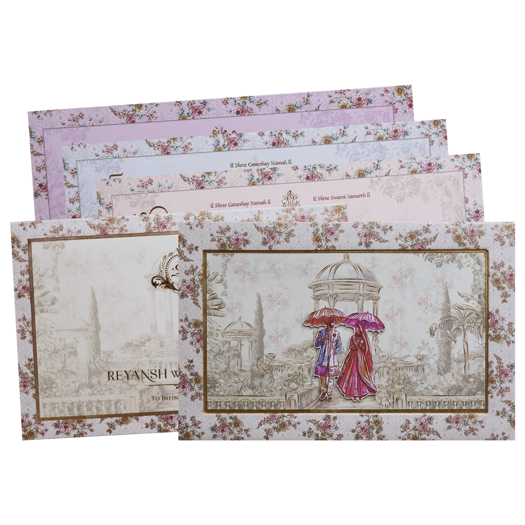 Grey Floral Palace Umbrella Couple Boxed Wedding Card - KVN07680