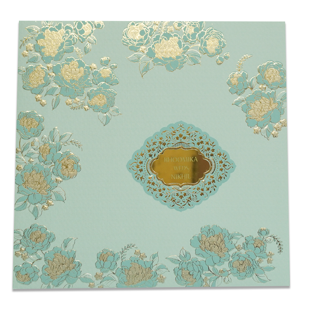 Blue Floral Gold Padded Wedding Card - KSSC2320