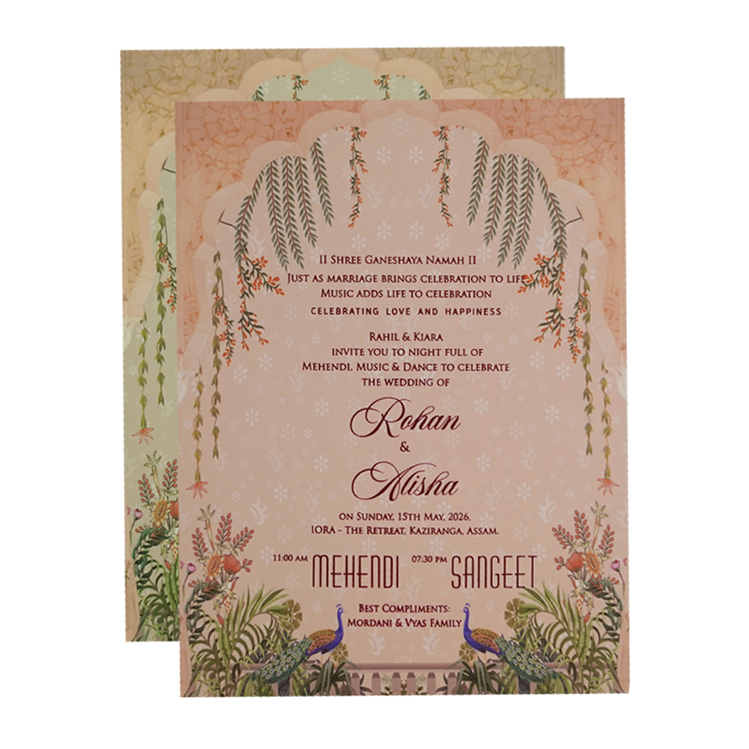 Beige Gold Elephant and Peacock Theme Wedding Card - KFR16450