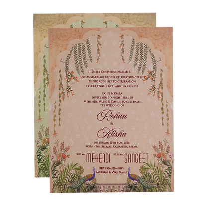 Beige Gold Elephant and Peacock Theme Wedding Card - KFR16450