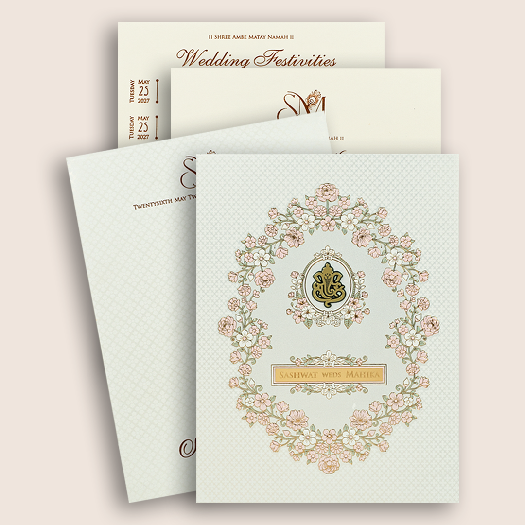White Embossed Floral Padded Marriage Card - KRE29130