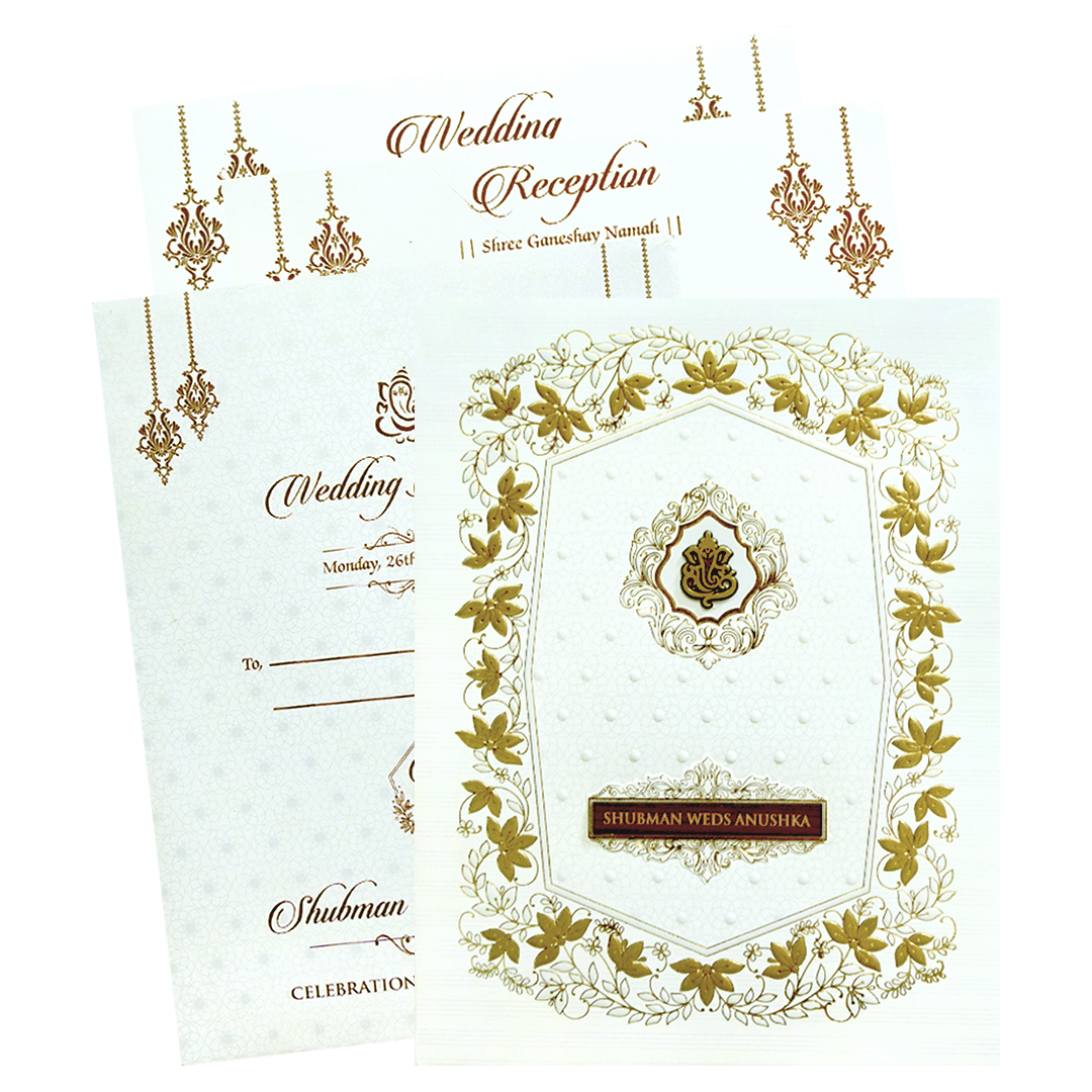 Pearl White Padded Regal Embossed Floral Wedding Invitation Card-KRB09700