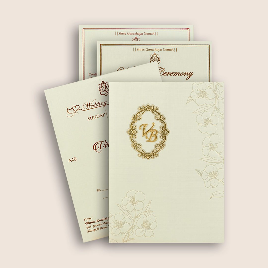 White Embossed Floral Wedding Card - KMARA400