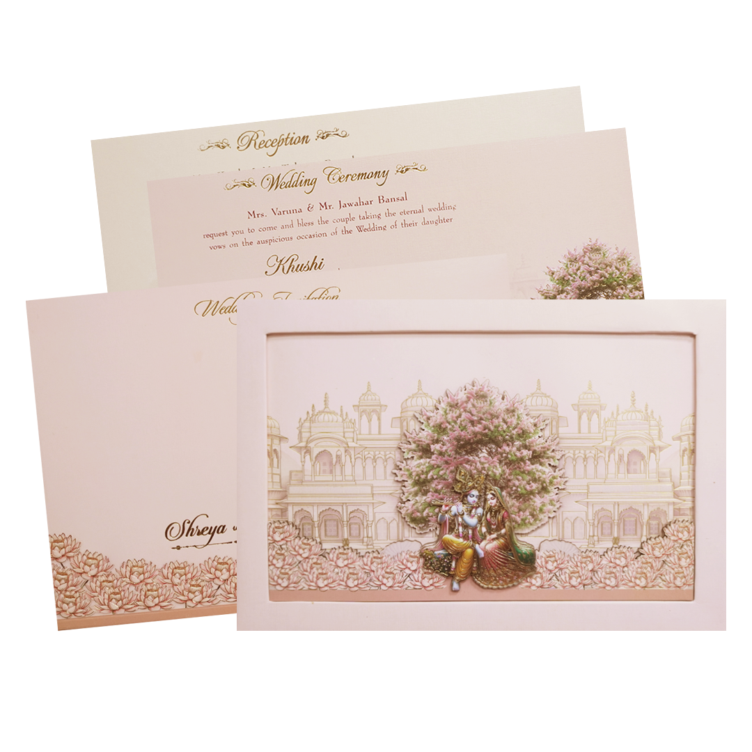 Pink Radha Krishna  Padded Palace Wedding Card -KMMEX8210