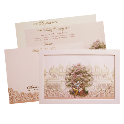 Pink Radha Krishna  Padded Palace Wedding Card -KMMEX8210
