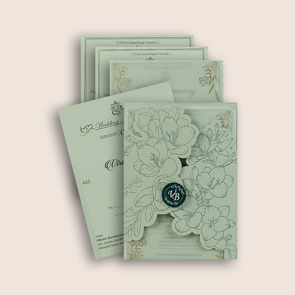 Pastel Green Floral Laser Cut Wedding Invitation - KMARA531