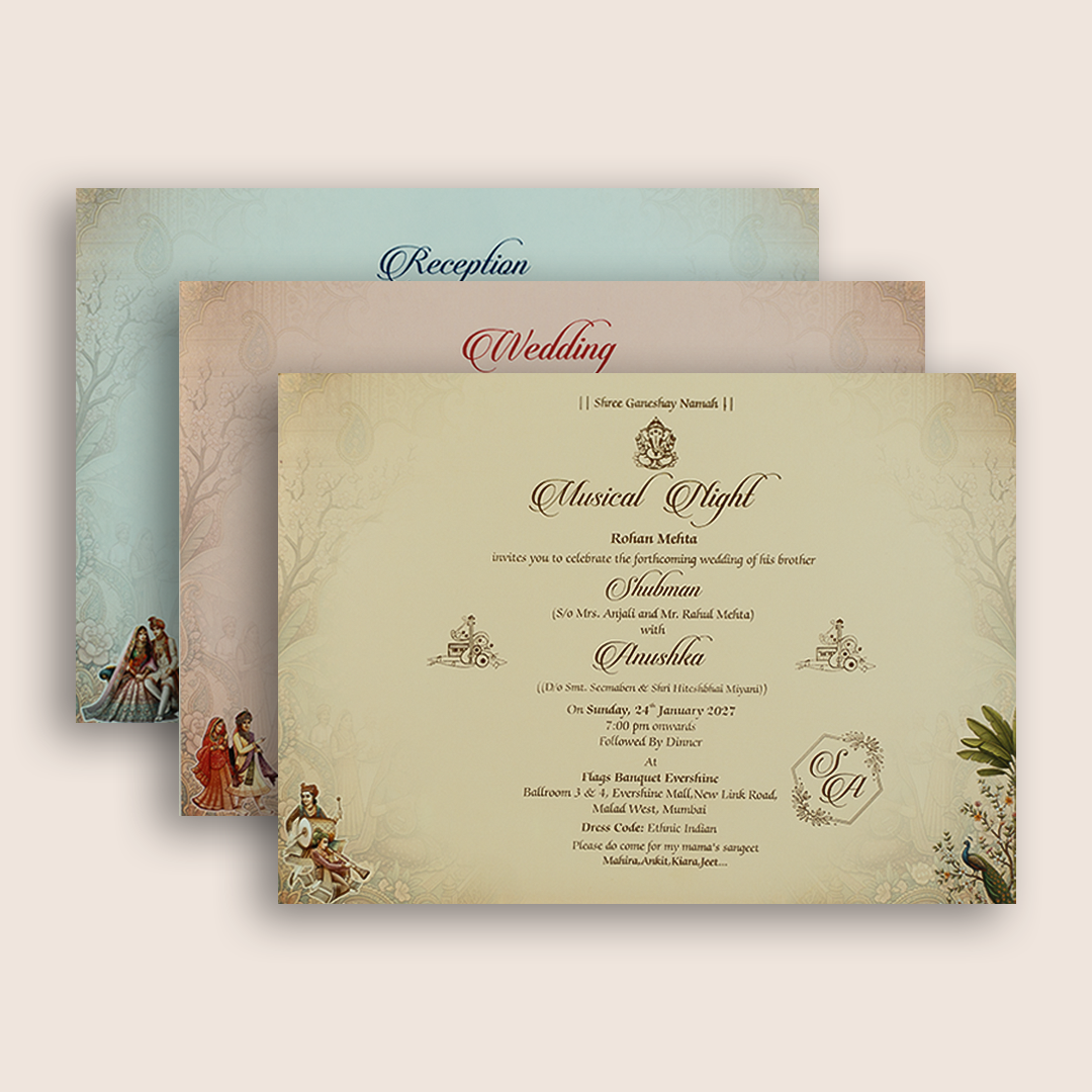 Beige Bride Groom Palace Laser Cut Padded Wedding Card - KRB10550