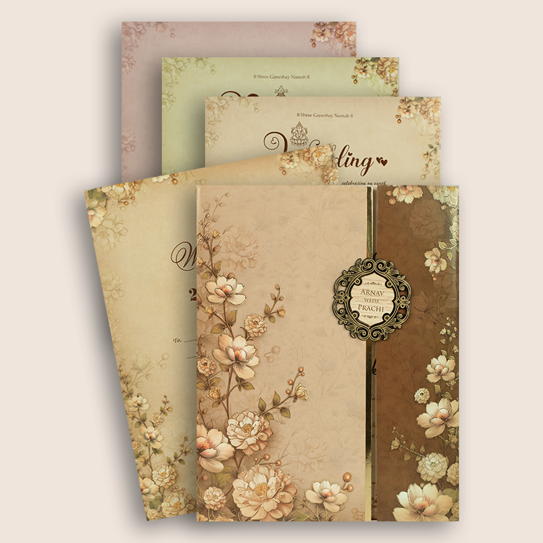 Pastel Brown Floral Door Style Padded Wedding  Card - KSH18900