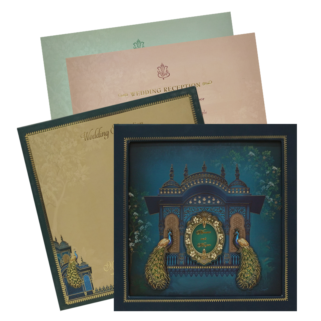 Royal Blue Gold Palace Peacock Padded Wedding Card - KMMEX8020