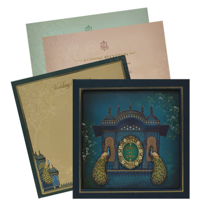 Royal Blue Gold Palace Peacock Padded Wedding Card - KMMEX8020