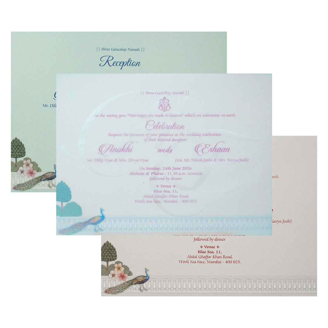 Cream Peacock Laser Cut Wedding Card-KJTS3682