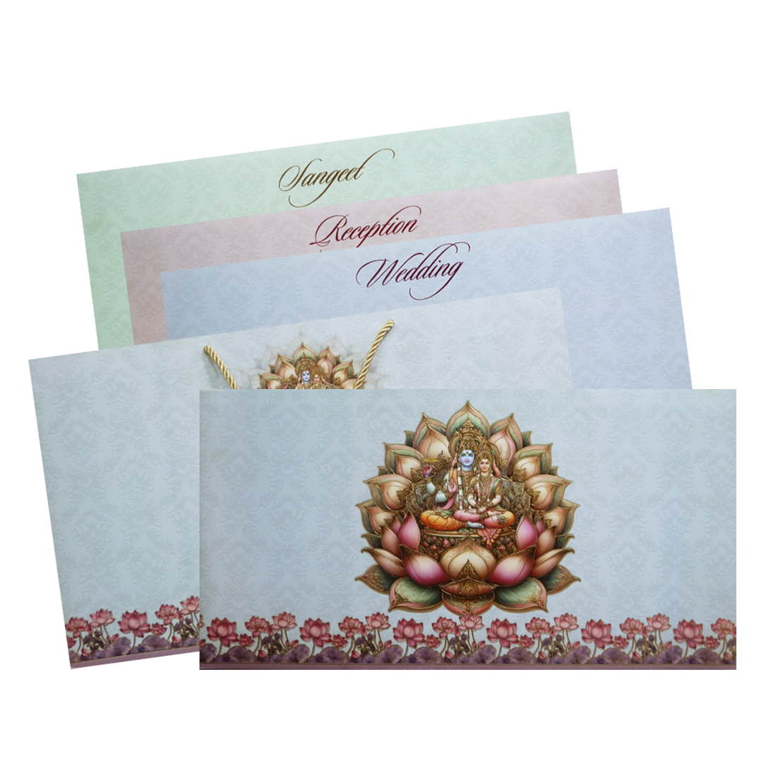 Check out Pastel Vishnu Lakshmi Lotus Wedding Invitation Card at best price. ?WhatsApp Support ?Express Delivery.