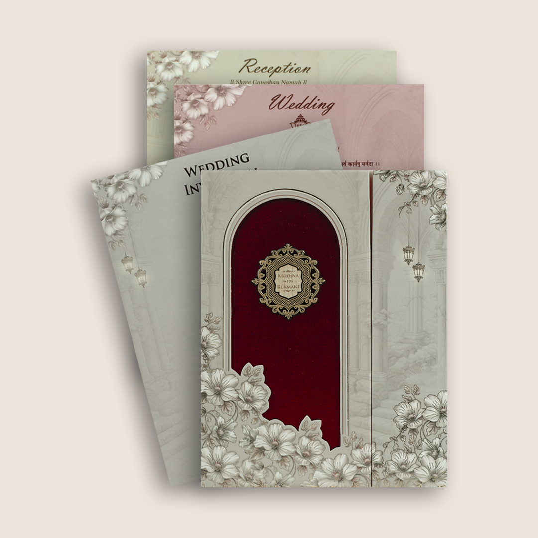 Warm Pink Floral Padded Door Style Wedding Invitation Card - KJTS1916