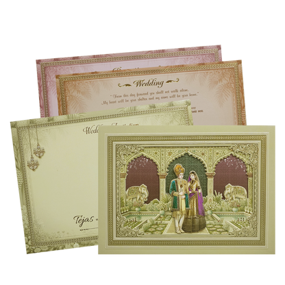 Green Palace Couple &amp; Elephant Padded Wedding Card-KMMEX8010