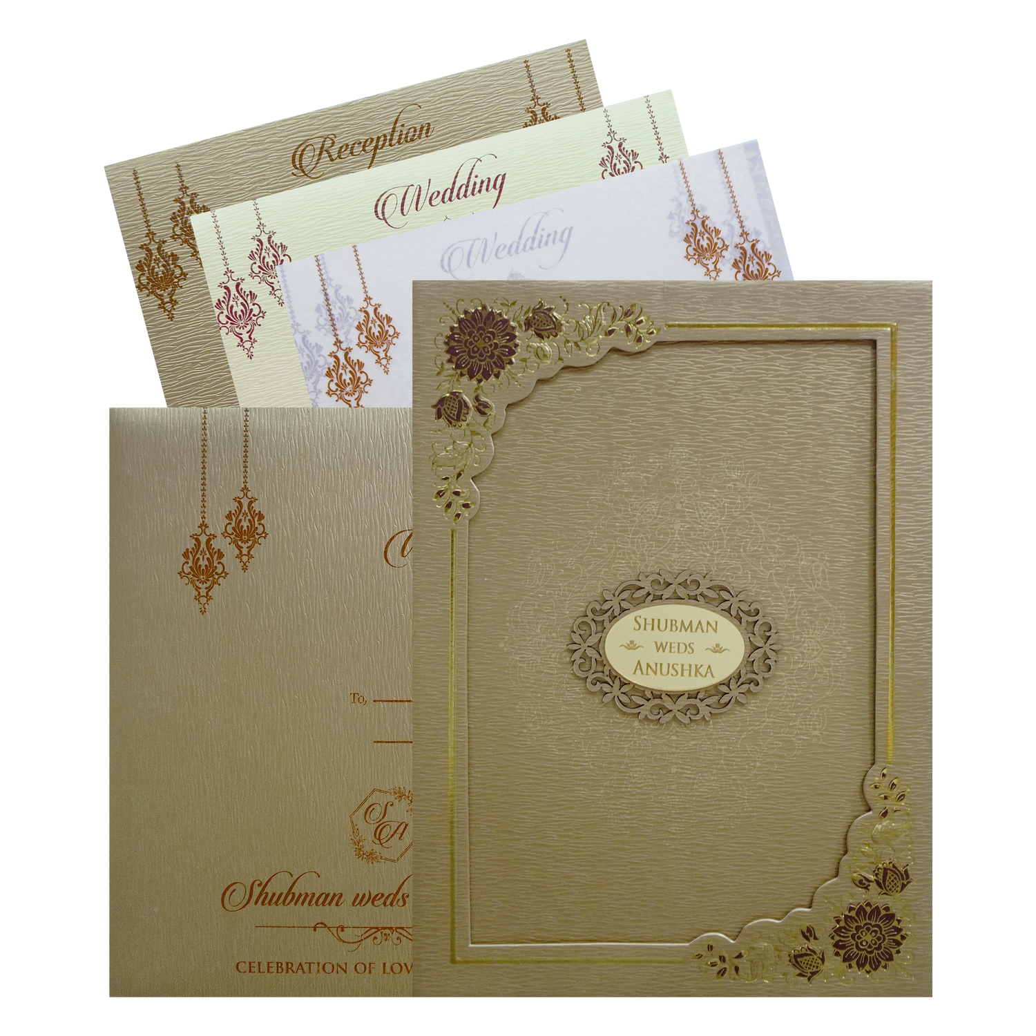 Gold Embossed Floral Padded Wedding Card-KRB09670