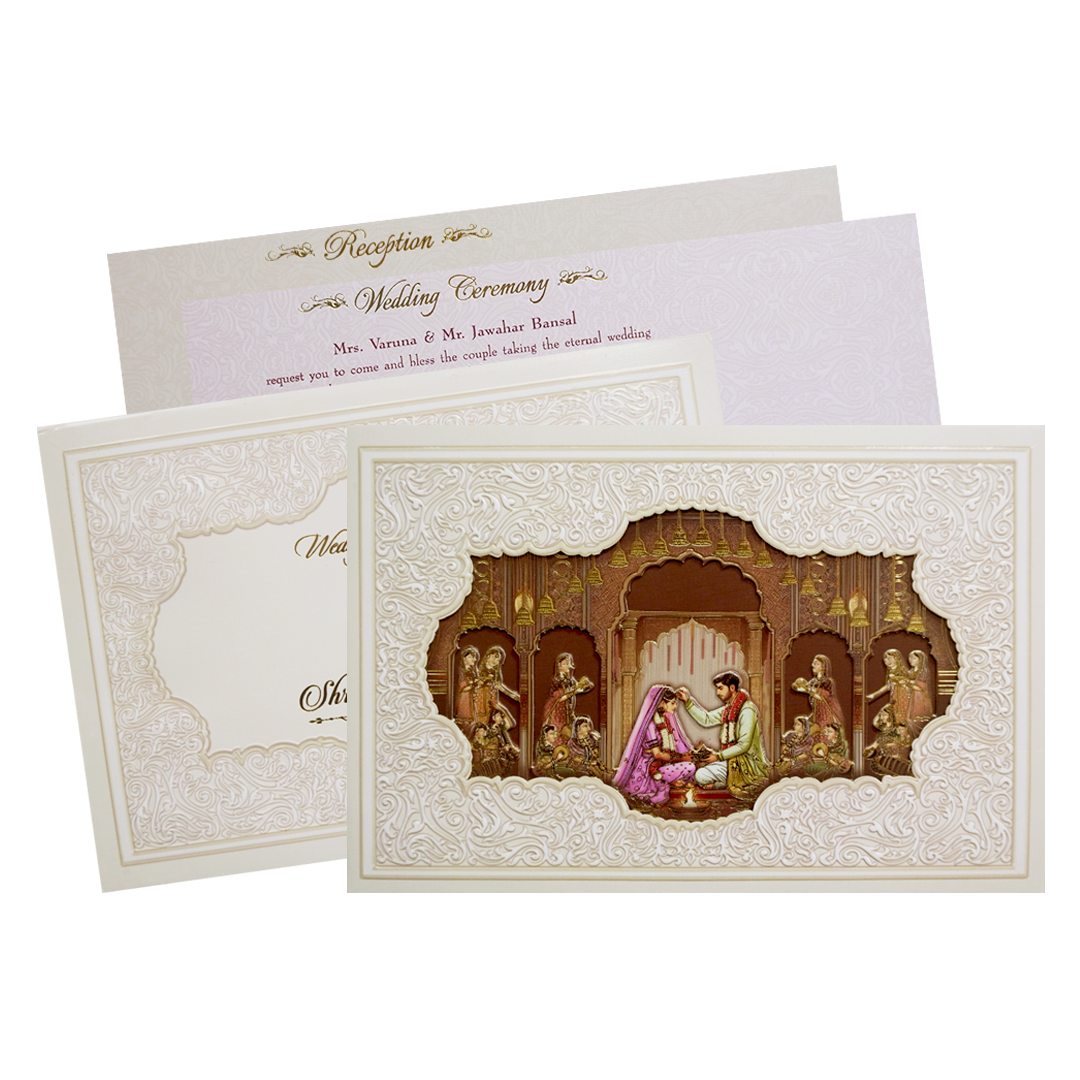 White Laser Cut Padded Royal Marriage Ceremony Wedding Card-KMMEX8220
