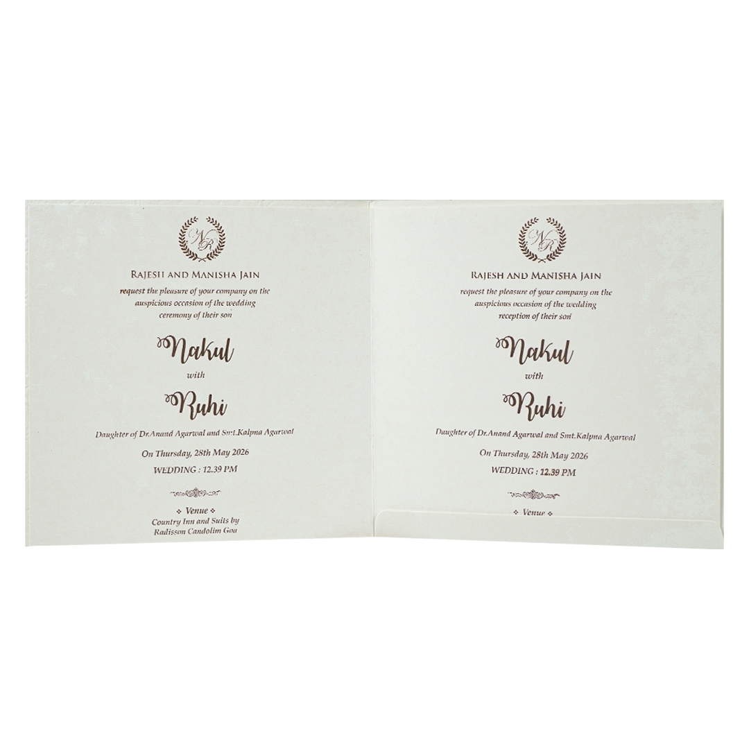 White Ganesha Umbrella Embossed Wedding card-KRE28530