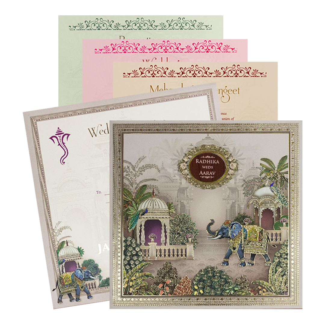 Cream Elephant Palace Padded Wedding Card-KSH72620