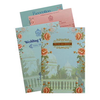 Mint Blue Padded Palace Peacock Wedding Card- KVN07380