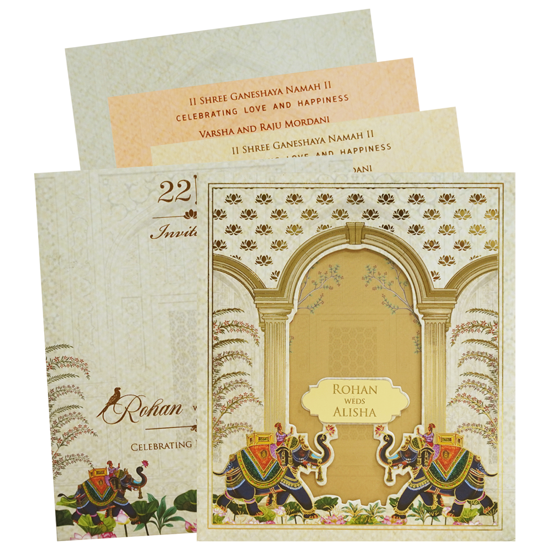 Gold Cream Royal Elephant Arch Wedding Card - KFR16370