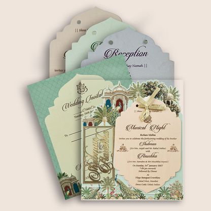 Teal Blue Jharokha MDF Laser Cut Wedding Invitation - KRB10070