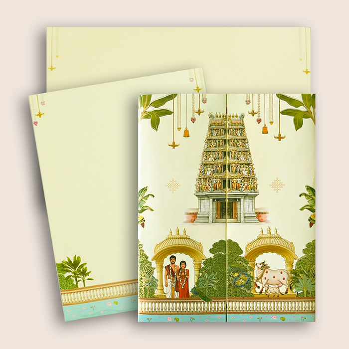 Cream South Indian Temple Door-style Wedding Card - KNKC6205