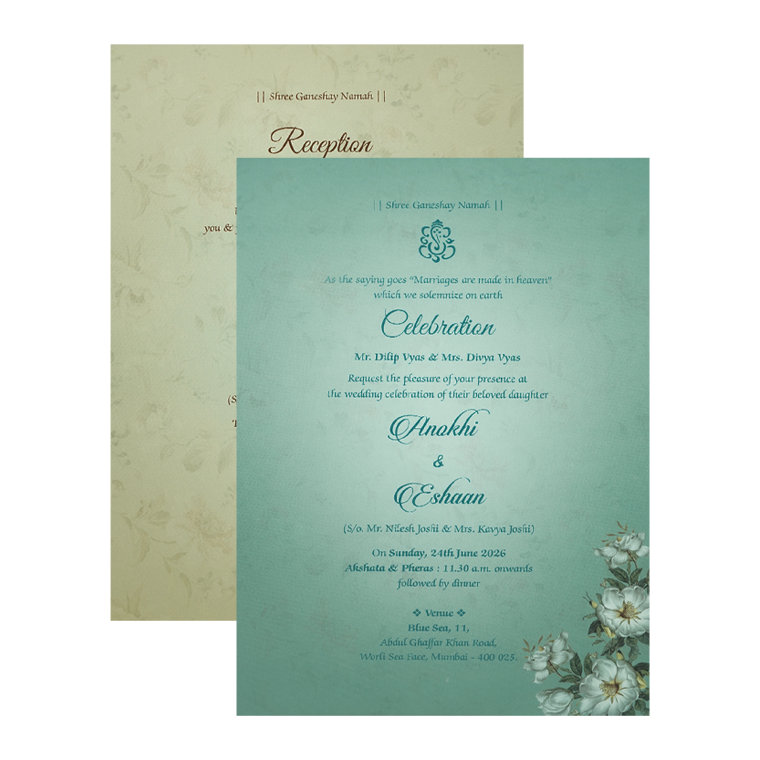 Pastel Blue Floral Wood Foil Padded Wedding Card-KJTS3659