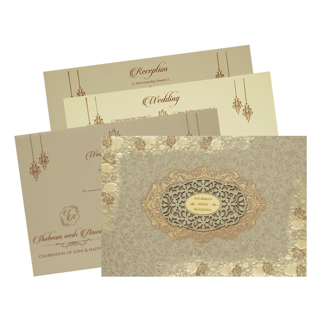 Beige Padded Embossed Floral Wedding Invitation Card-KRB09792