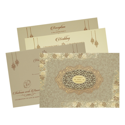 Beige Padded Embossed Floral Wedding Invitation Card-KRB09792
