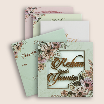 Pale Green Floral MDF Laser Cut Wedding Invitation - KVN07040