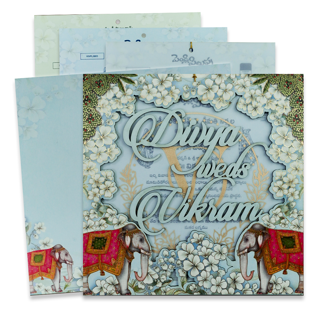 Blue Floral Elephant Cutout Wedding Card-KNPL5805