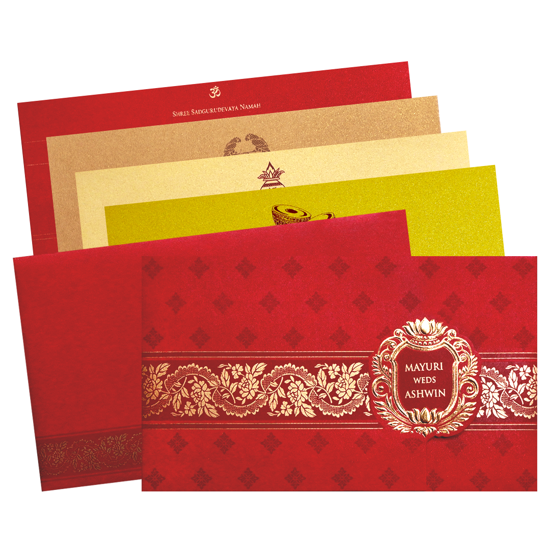 Red Gold Floral Border Wedding Invitation Card-KPR06410