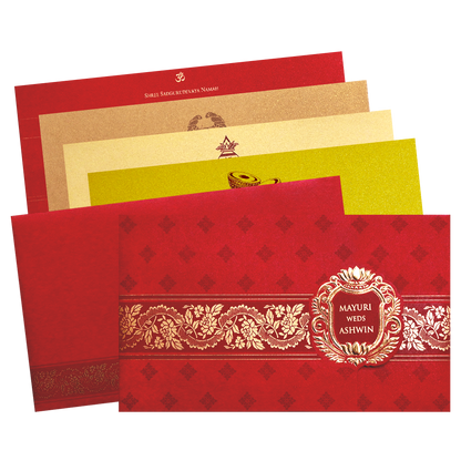 Red Gold Floral Border Wedding Invitation Card-KPR06410