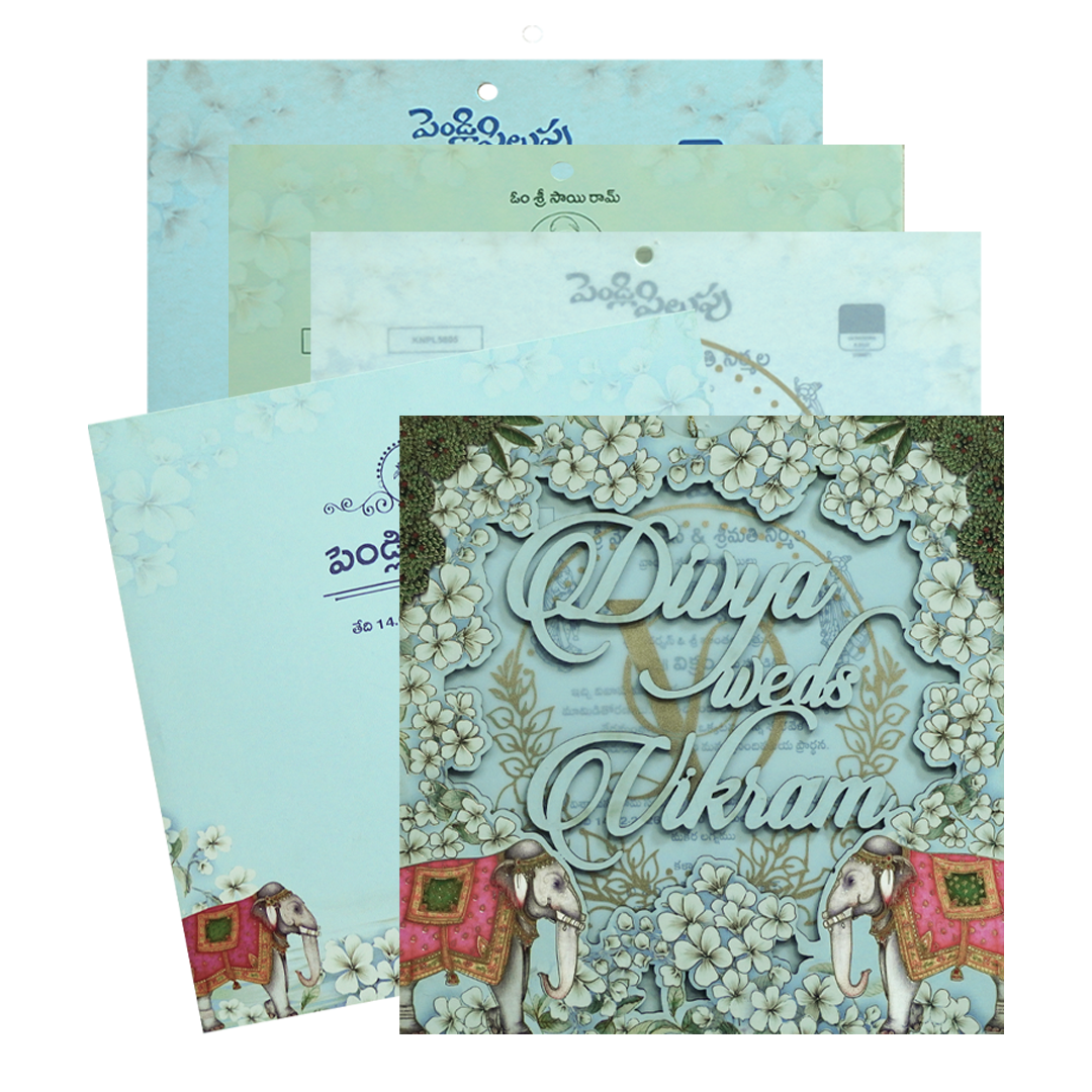 Blue Laser-Cut Floral Elephant Wedding Card - KNPL5805