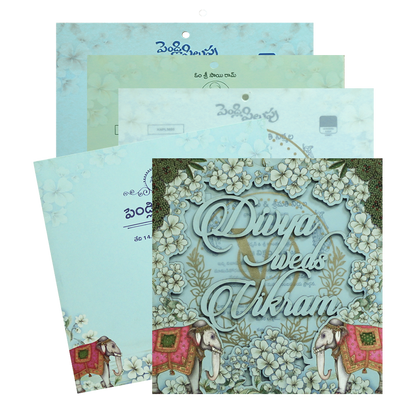 Blue Laser-Cut Floral Elephant Wedding Card - KNPL5805