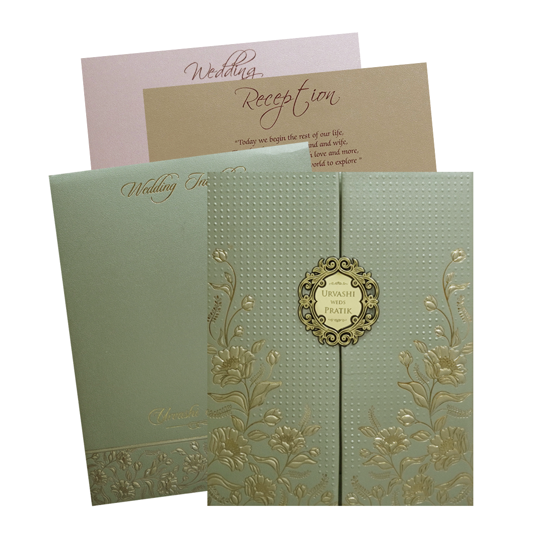 Green Floral Frame Padded Wedding Card - KMMWD1116