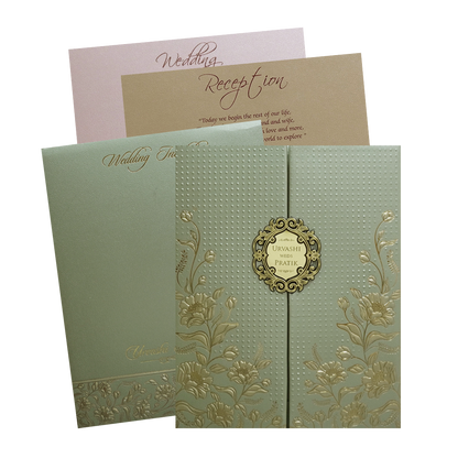 Green Floral Frame Padded Wedding Card - KMMWD1116